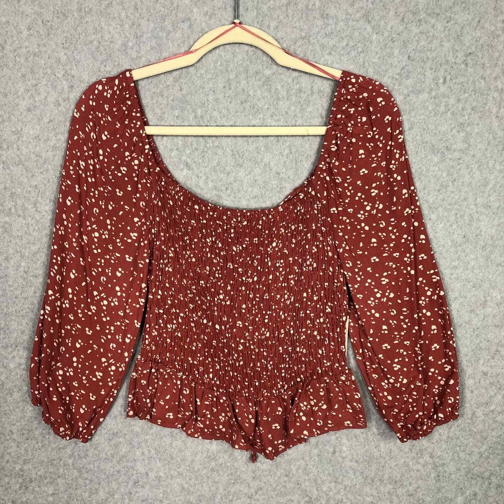 Urban Romantics Cropped Smocked Top Large‎ Floral Lace Up  Puff Milkmaid Ruffle